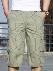 Geometric Pattern Cotton Cargo Shorts Men's Casual Pocket Waist Drawstring Cargo