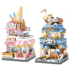 City Street View Building Block Set DIY Ice Cream Coffee Flower Shop Model Toy