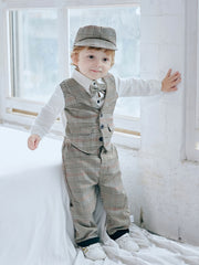 Baby Boys Gentleman Outfits Long Sleeve Romper Plaid Pant Cap Bodysuit Set