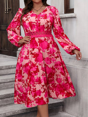Women's Floral Print Lace Trim Lantern Sleeve V Neck A-line Dress