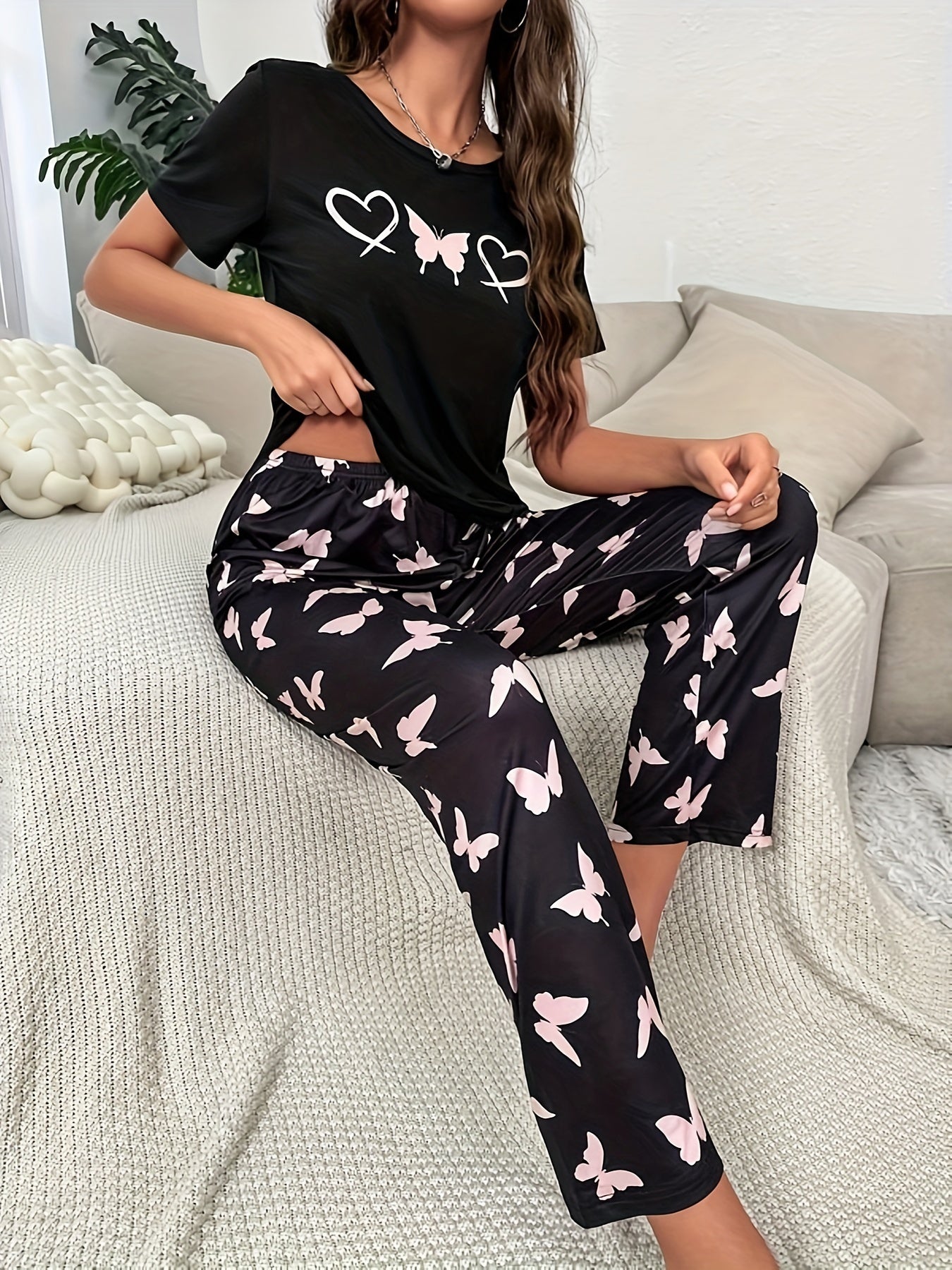 Butterfly & Heart Print Pajama Set Short Sleeve Top & Pants