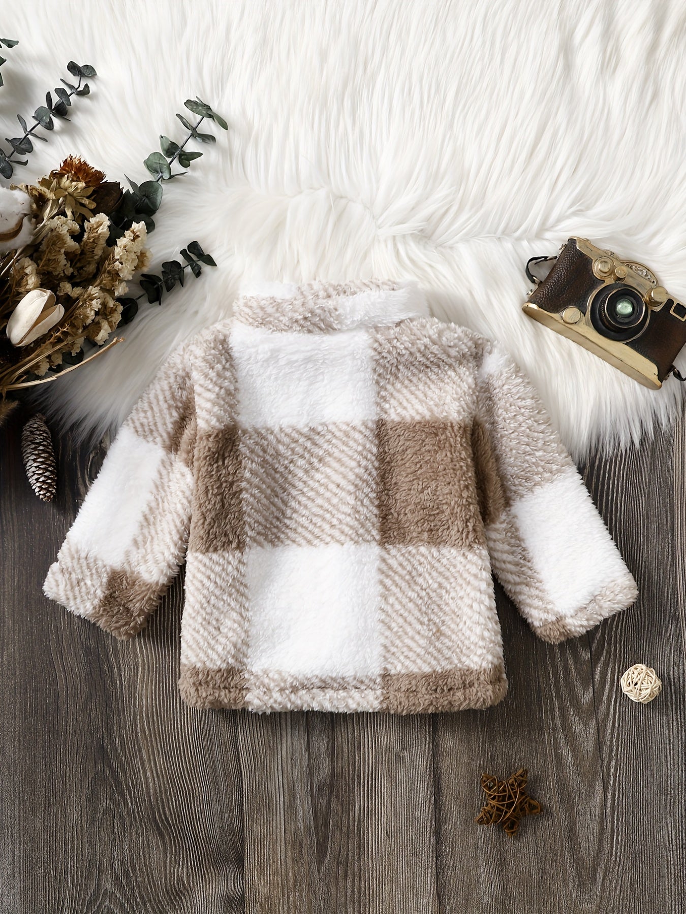 Boys Plaid Print Furry Coat Thermal Jacket
