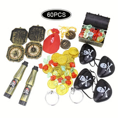 60pcs Pirate Costume Prop Set - Chests, Coins, Stones, Bags - Party Decorations