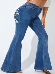 Floral Print Button Fly Flared Leg Jeans