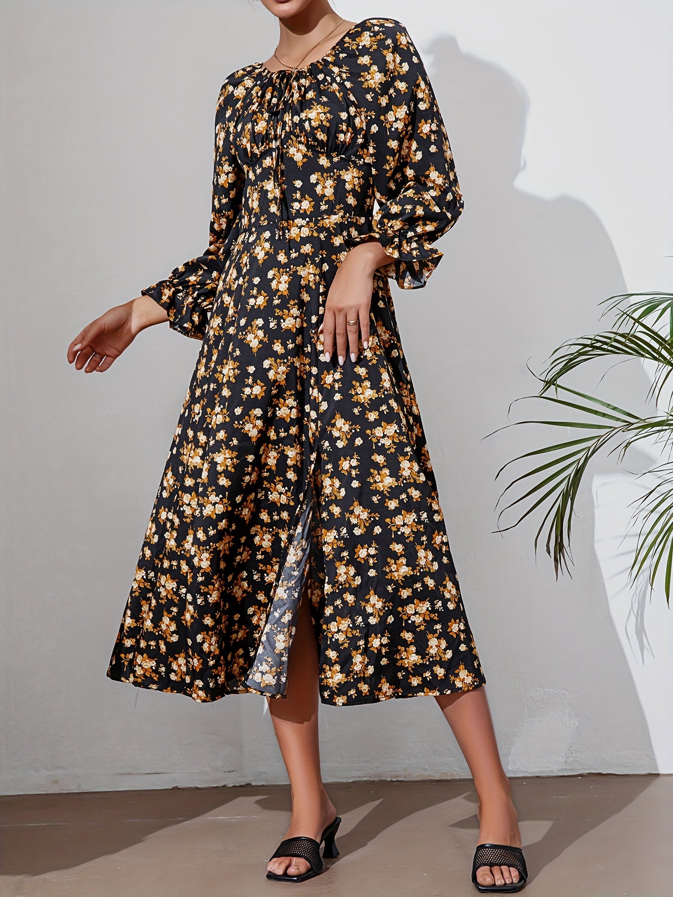 Floral Split Thigh Dress Long Sleeve Squared Neck