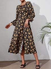 Floral Split Thigh Dress Long Sleeve Squared Neck