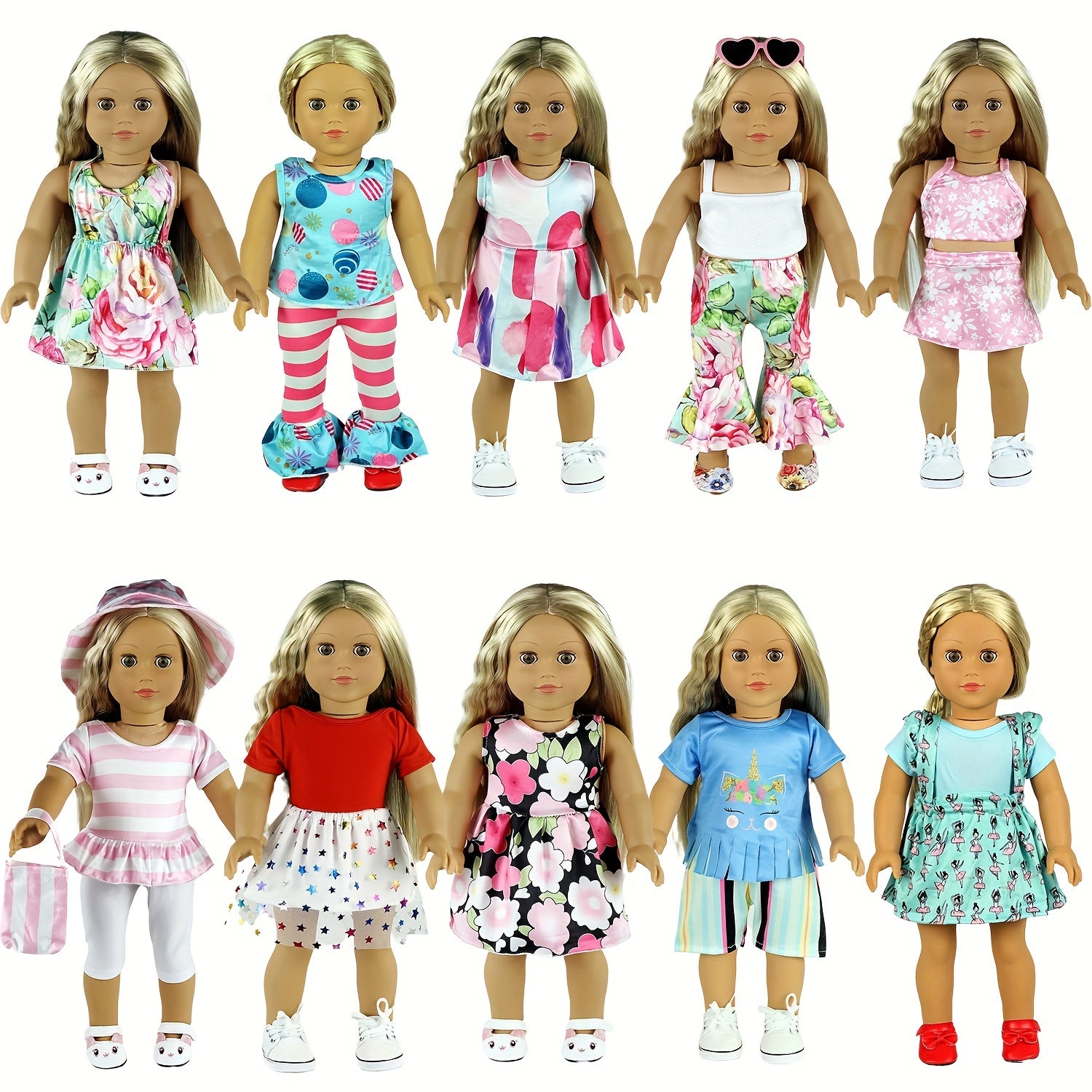 18 Inch Doll Clothes and Accessories Set - 10 Outfits and Glasses