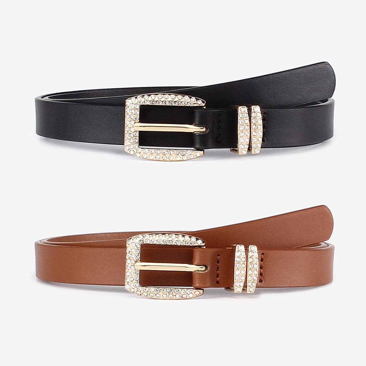 Golden Square Rhinestone Buckle PU Leather Plain Belt for Girls