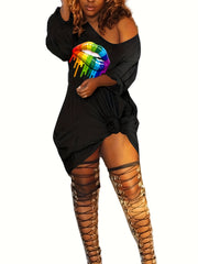 Sexy Rainbow Lip Print One Shoulder Tee