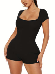 Squared Neck Solid Romper Short Sleeve Workout Romper