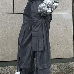 Solid Flap Pockets Wide Leg Pants Casual Loose Drawstring Long Length Pants