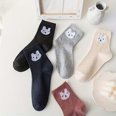 5 Pairs Cartoon Bunny Print Socks Comfy & Mid Tube Women's Stockings
