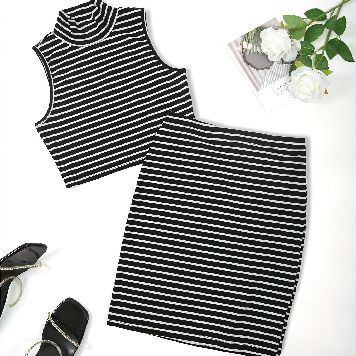 Striped Slim 2pc Skirt Set Crop Tank Top & Bodycon Skirt Outfit