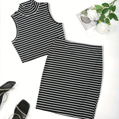 Striped Slim 2pc Skirt Set Crop Tank Top & Bodycon Skirt Outfit