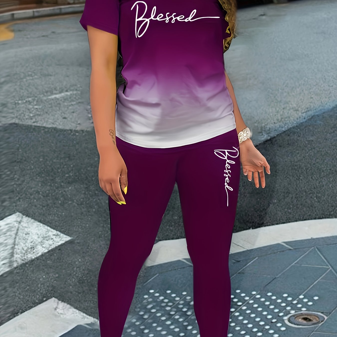 Plus Size 2 Piece Set Ombre & Letter Print Top & Pants Outfit