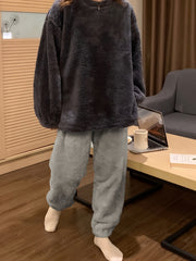 Plush Pajamas Set Crew Neck Top & Fluffy Waistband Pants