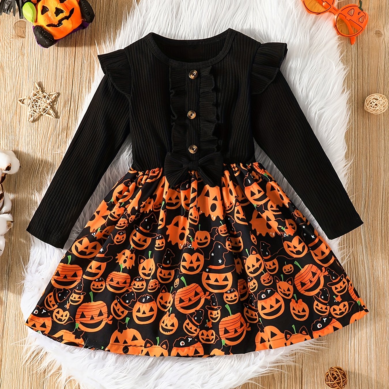 Girls Pumpkin Print Frill Trim Dress For Halloween Party