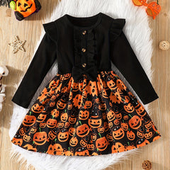 Girls Pumpkin Print Frill Trim Dress For Halloween Party