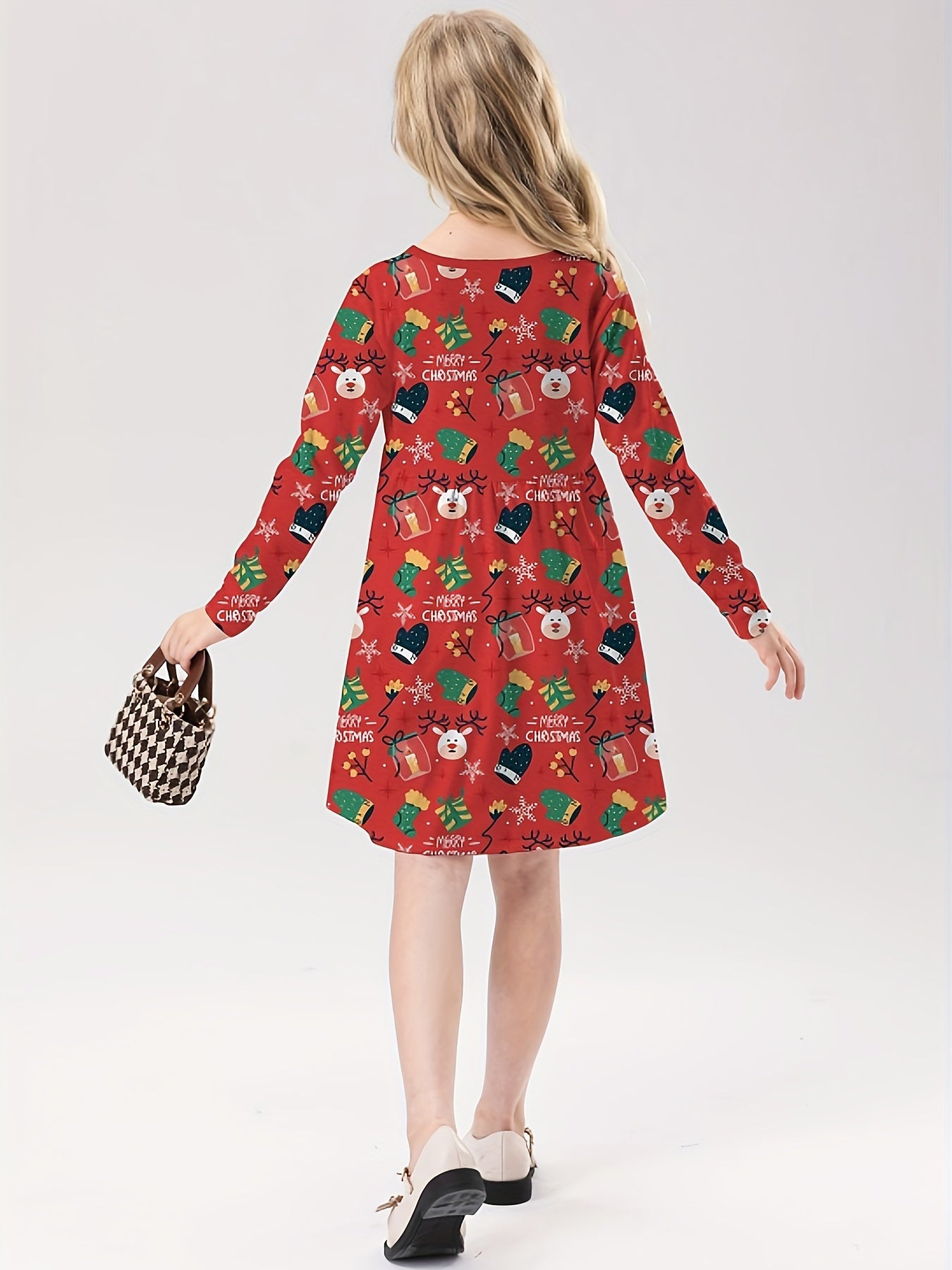 Girls Reindeer Graphic Long Sleeve Dress Spring Fall Christmas Gift