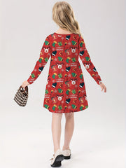 Girls Reindeer Graphic Long Sleeve Dress Spring Fall Christmas Gift