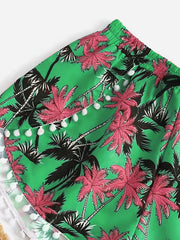 Vacay Shorts Women's Plus Tropical Print Mini Bow Pompom Trim