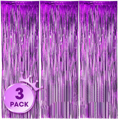 3pcs Purple Foil Fringe Backdrop Curtains