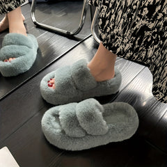 Women's Solid Faux Fur Slippers Plush Platform Shoes