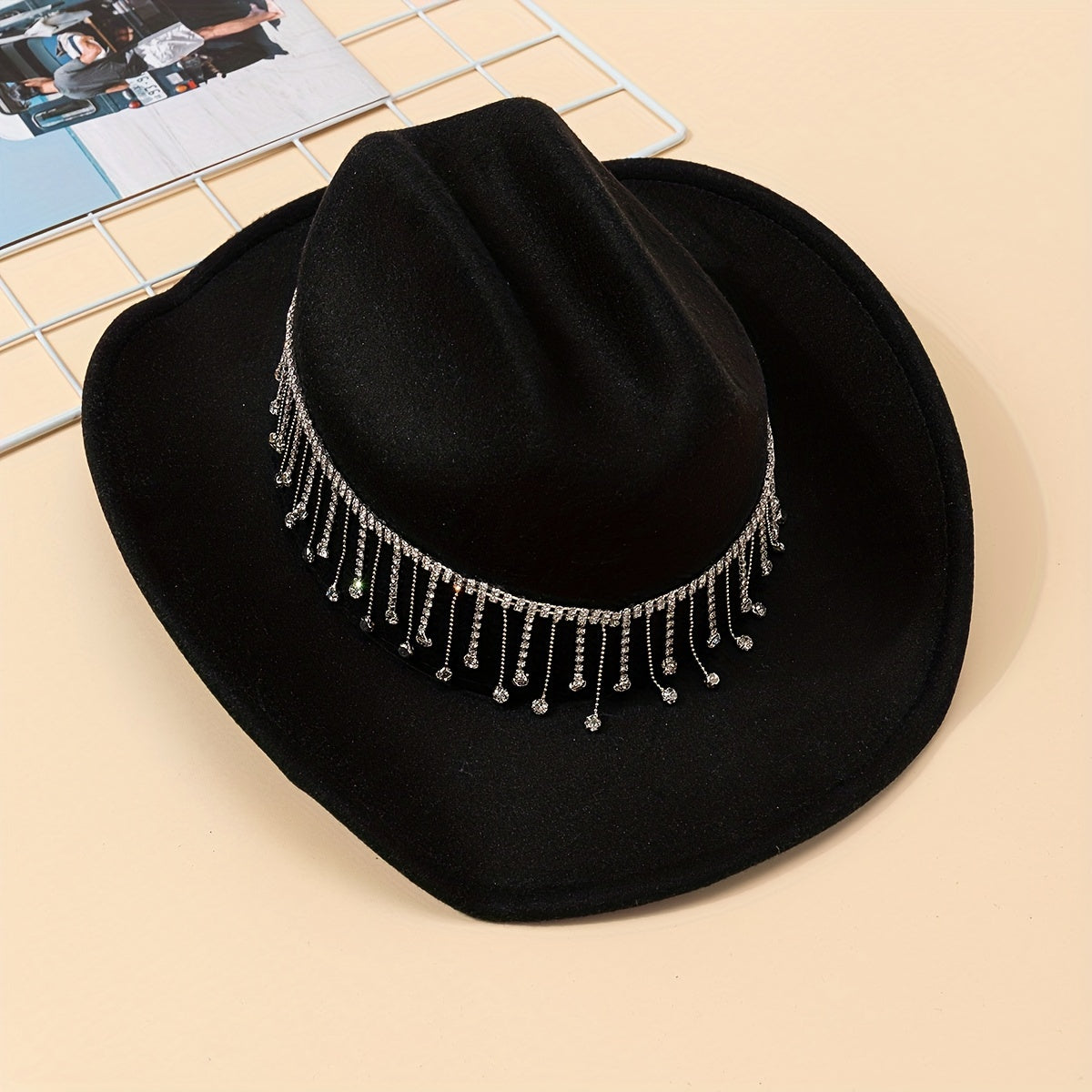 Rhinestone Tassel Vintage Fedora Cap Cowgirl Jazz Hat Unisex Boho Felt Hat