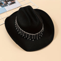 Rhinestone Tassel Vintage Fedora Cap Cowgirl Jazz Hat Unisex Boho Felt Hat