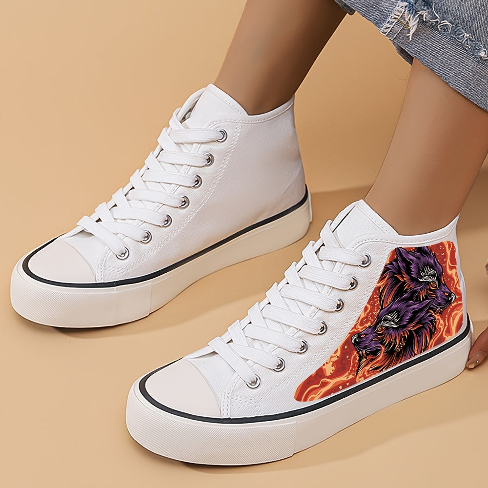 Wolf Print Chunky Canvas Sneakers High Top Skate Shoes