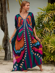 Butterfly Print Kaftan Cover Up Dress V Neck Loose Fit Short Sleeves