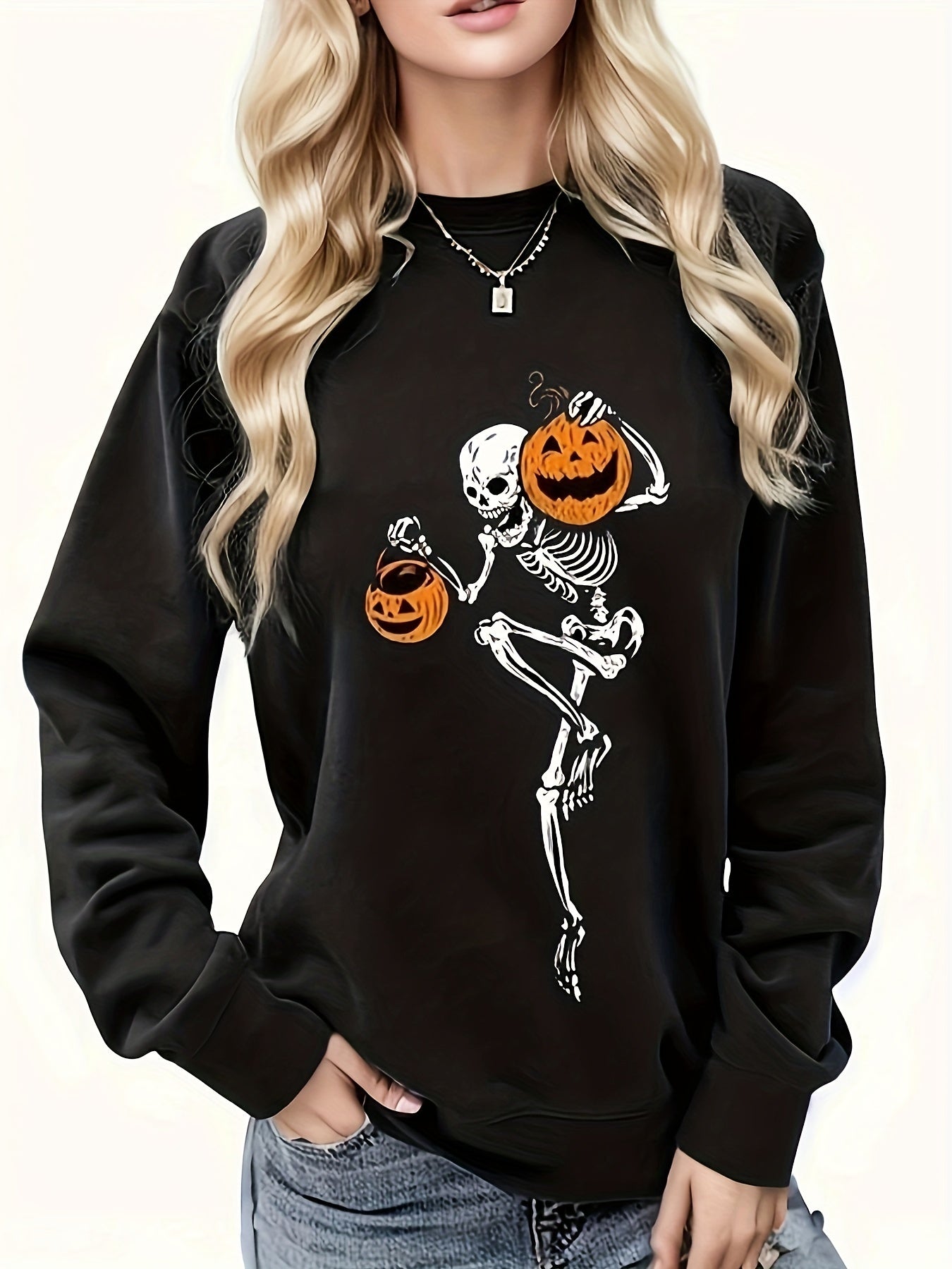 Skull Print Pullover Sweatshirt for Women