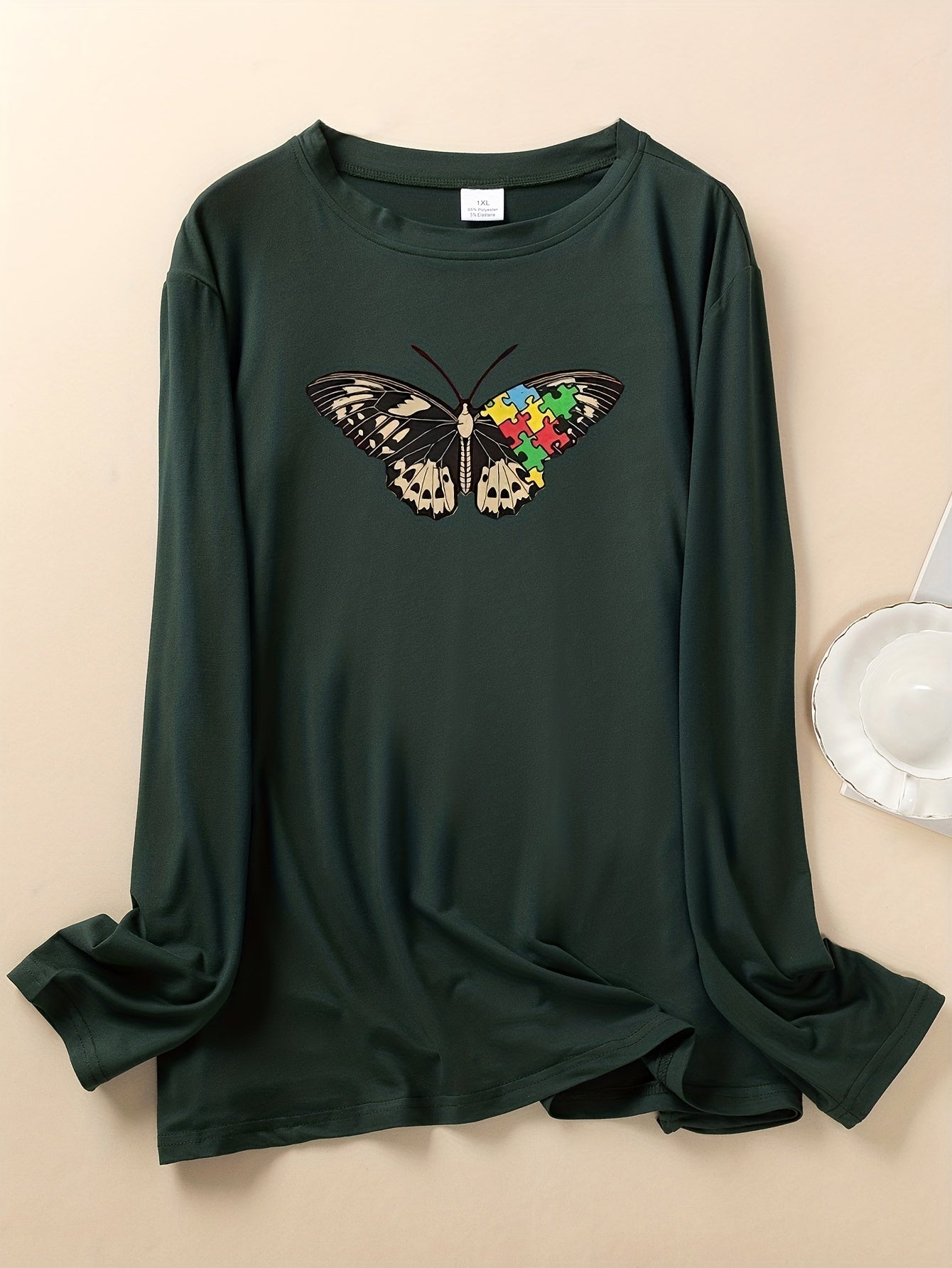 Butterfly Print Long Sleeve Pajama Top Round Neck Loungewear