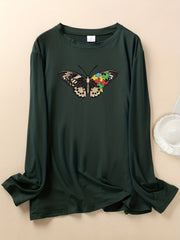 Butterfly Print Long Sleeve Pajama Top Round Neck Loungewear