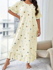Star Print Lounge Dress with Ruffle Trim