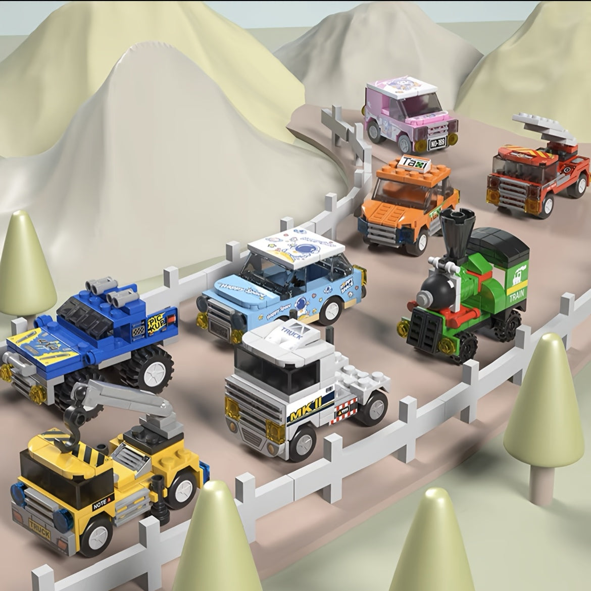 8pcs City Mini Building Blocks Set w/ Urban Landscape Vehicles