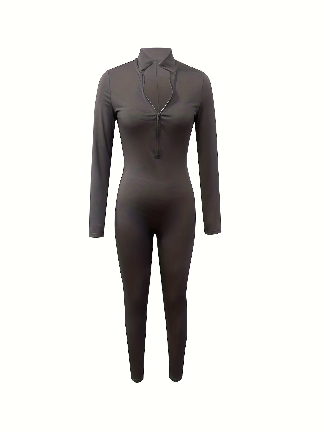 Solid Skinny Zipper Jumpsuit Athleisure Long Sleeve Jumpsuit