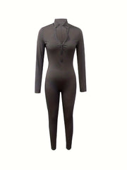 Solid Skinny Zipper Jumpsuit Athleisure Long Sleeve Jumpsuit