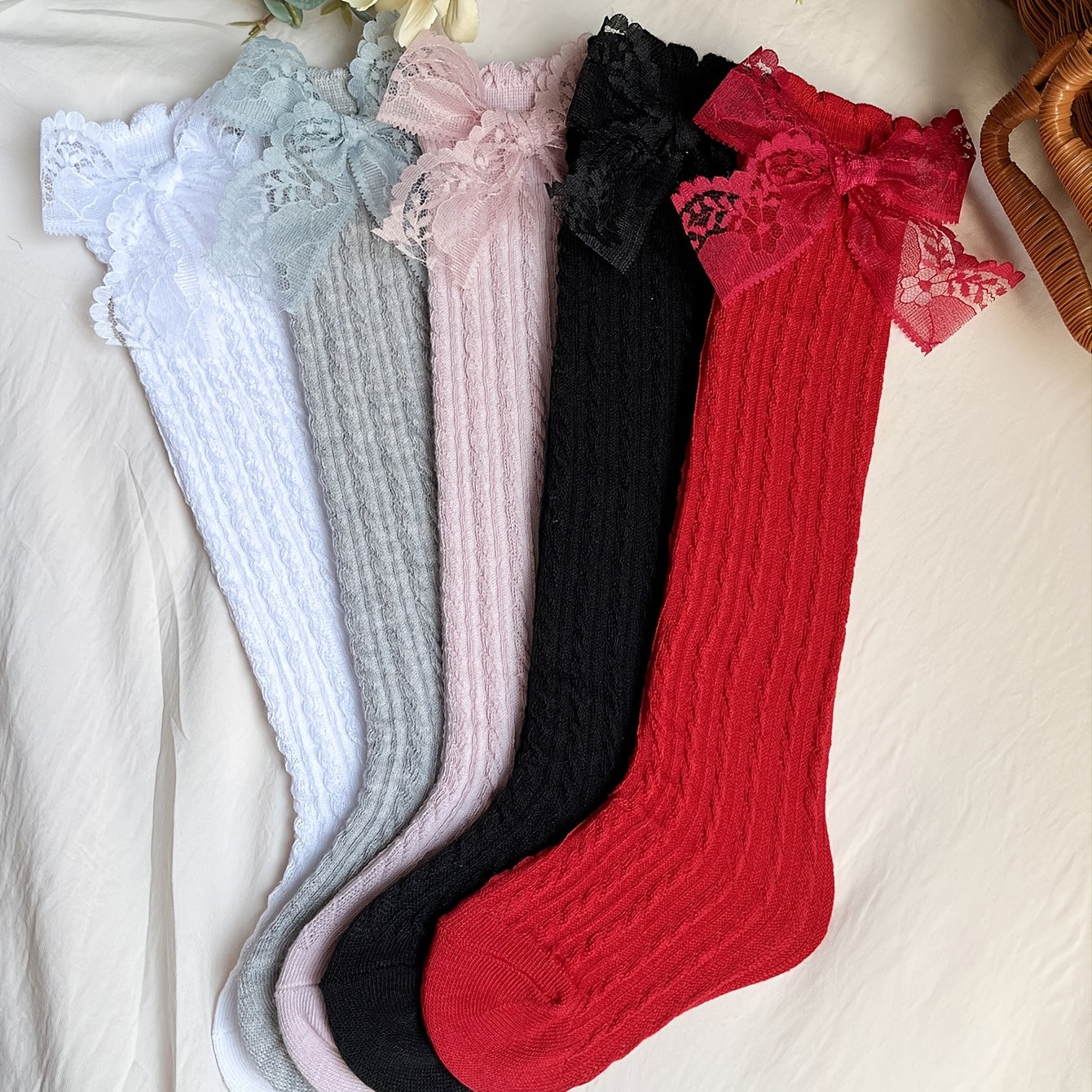 5 Pairs Girls Lace Bow Knit High Socks for Autumn/Spring
