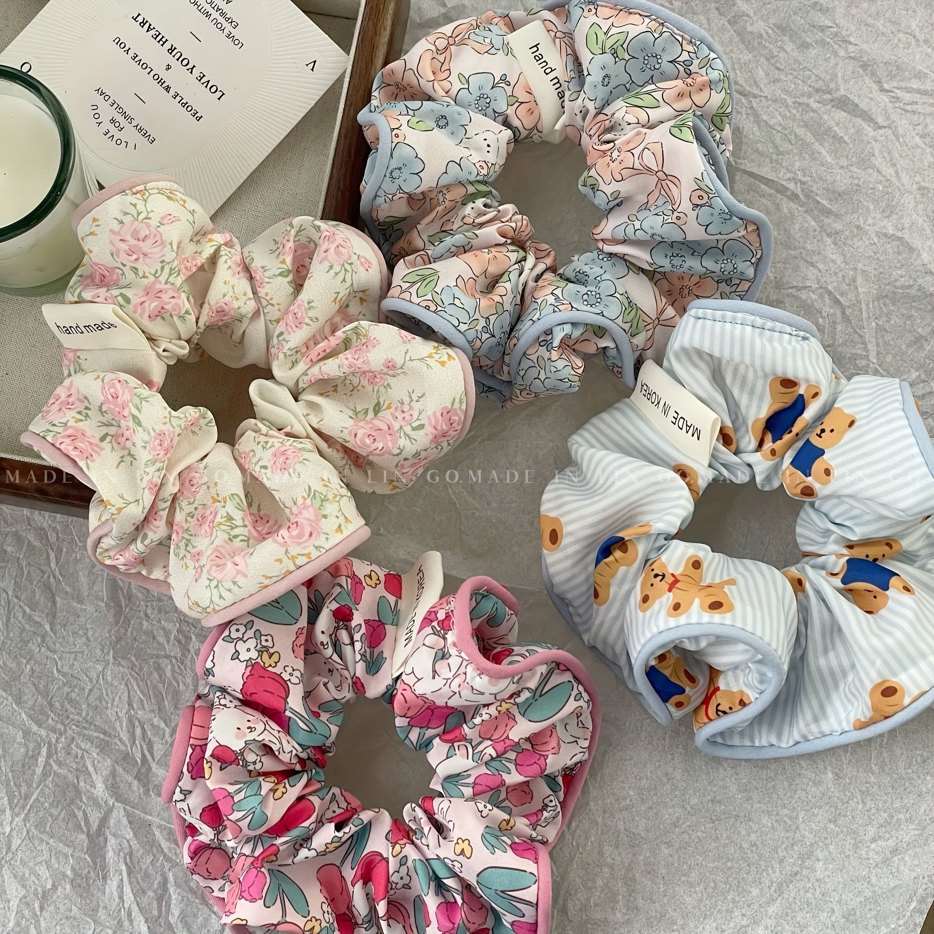 Floral Print Scrunchies Hair Tie Style Hair Rope Sweet Cartoon Bear Hair Accesso