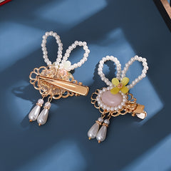 2Pcs Girls Chinese Hanfu Headdress Pearl Beaded Hair Clip Bunny Flower Tassel