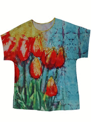 Floral Print Tie Dye Round Neck Short Sleeve Blouse