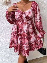 Floral Print Lantern Sleeve Sweetheart Neck Mini Smock Dress