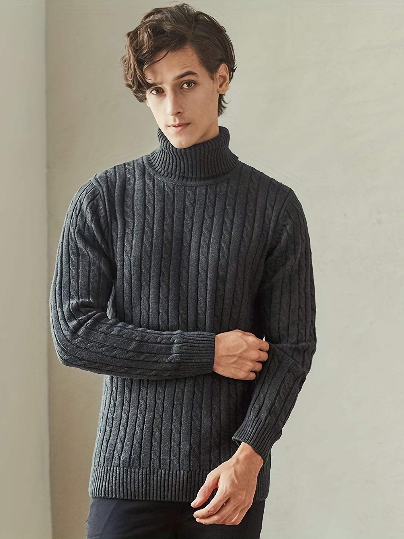 Men's Turtle Neck Knit Sweater Casual Mid Stretch Pullover