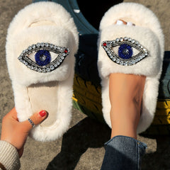 Women's Rhinestone & Eyes Decor Plush Slippers