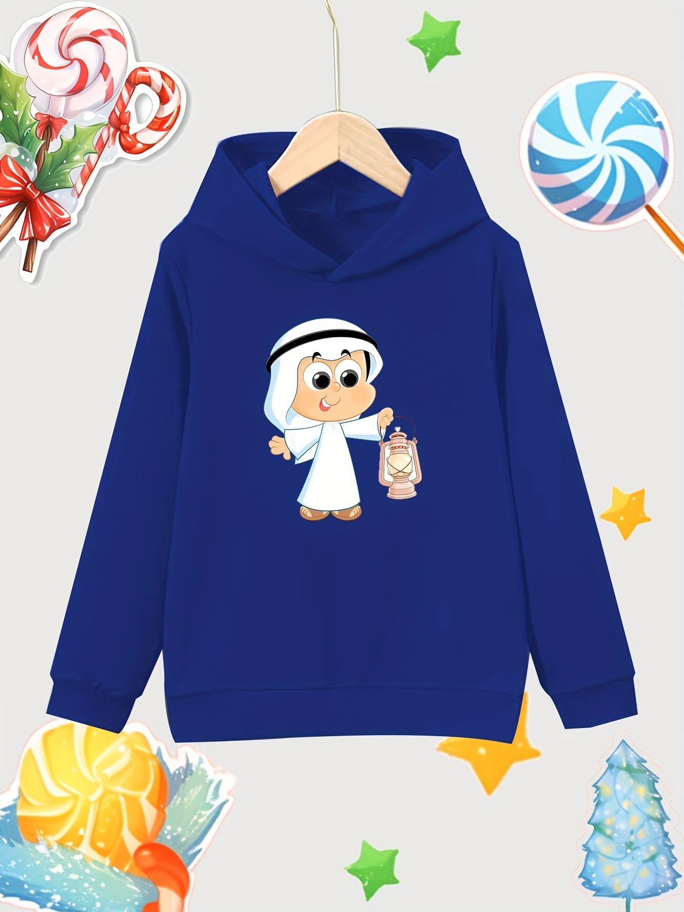 Cartoon Boy Pattern Girl's Cotton Hoodie Active Hooded Sweatshirt