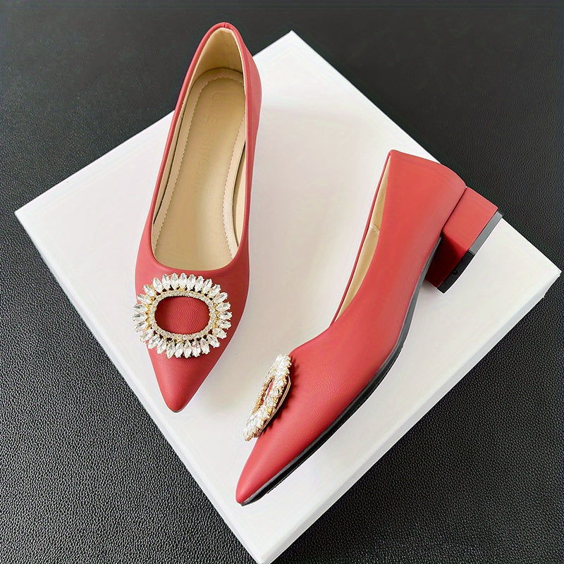Women's Rhinestone Slip On Low Heel Point Toe Glitter Dress Shoes