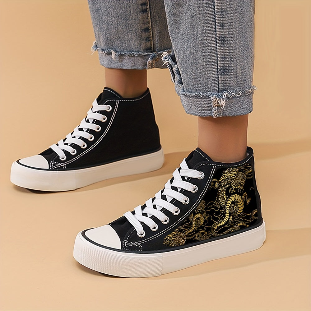 Girl's High Top Golden Pattern Skate Shoes Comfy Non Slip Lace Up Sneakers