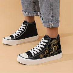 Girl's High Top Golden Pattern Skate Shoes Comfy Non Slip Lace Up Sneakers