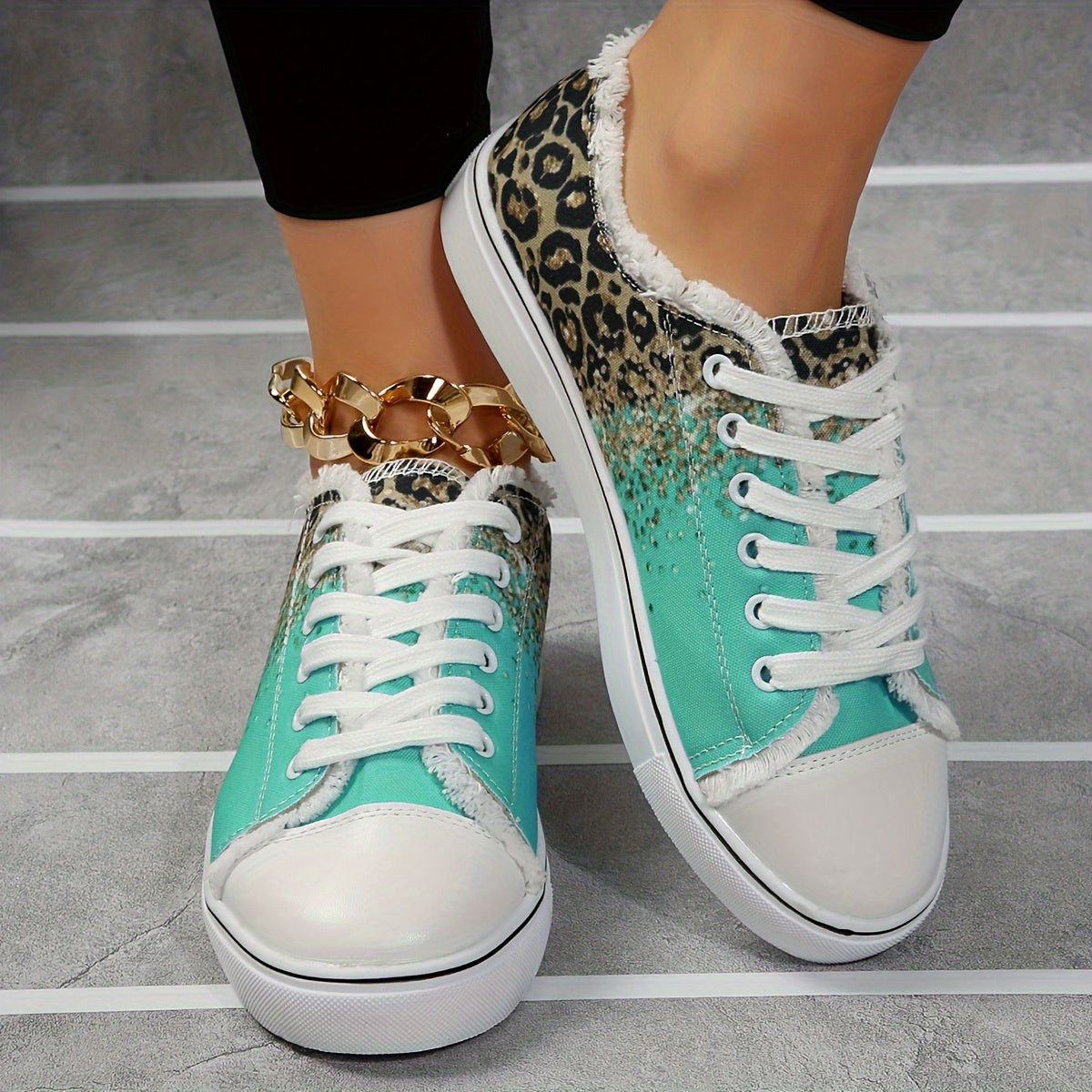 Leopard Print Canvas Shoes with Glitter Sequins Lace Up Lightweight Sneakers